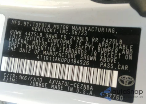 2023 Toyota Camry Le z USA, uszkodzony, nr VIN 4T1R11AK0PU184526